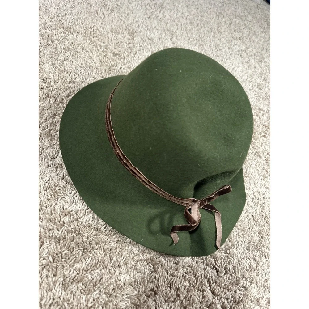 Vintage Green Wool Felt‎ Floppy Hat Brown Bow Cottagecore Earthy Retro Classy